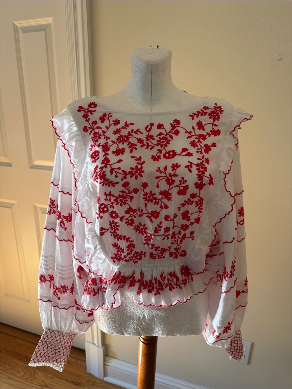 FARM Rio White Blouse with Red Floral Embroidery